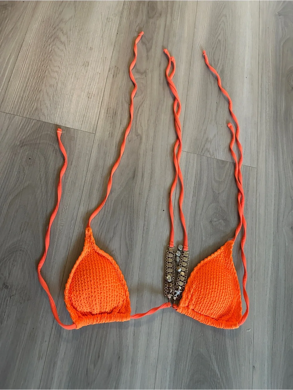 Neon Orange Crinkle Bikini Top Gold Chain Charm Swim M